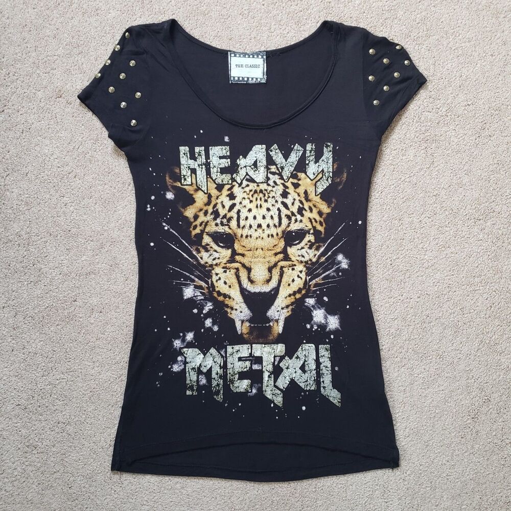 Vtg Y2k The Classic USA Made Leopard Heavy Metal Graphic Print Top Beaded Size S